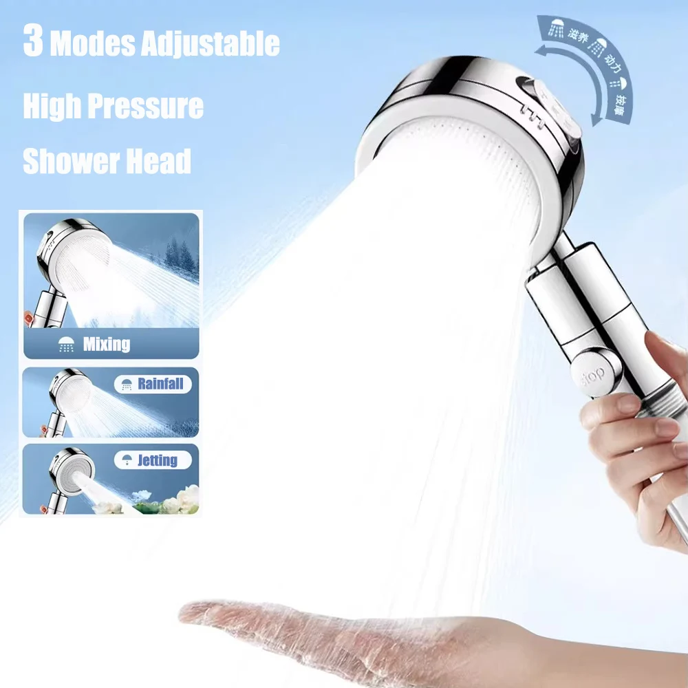 

Three Speeds Adjustable High Pressure Bathroom Shower Head with Filter Spray Nozzles One Key Stop Water Filtered Spa Showerhead