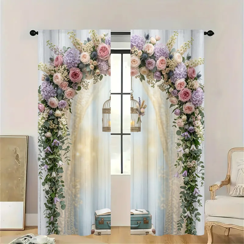 Beautiful Floral Wreath Arch Curtains Semi Sheer Window Dressing Romantic Garden Spring Curtain Decor for Kitchen Bathroom