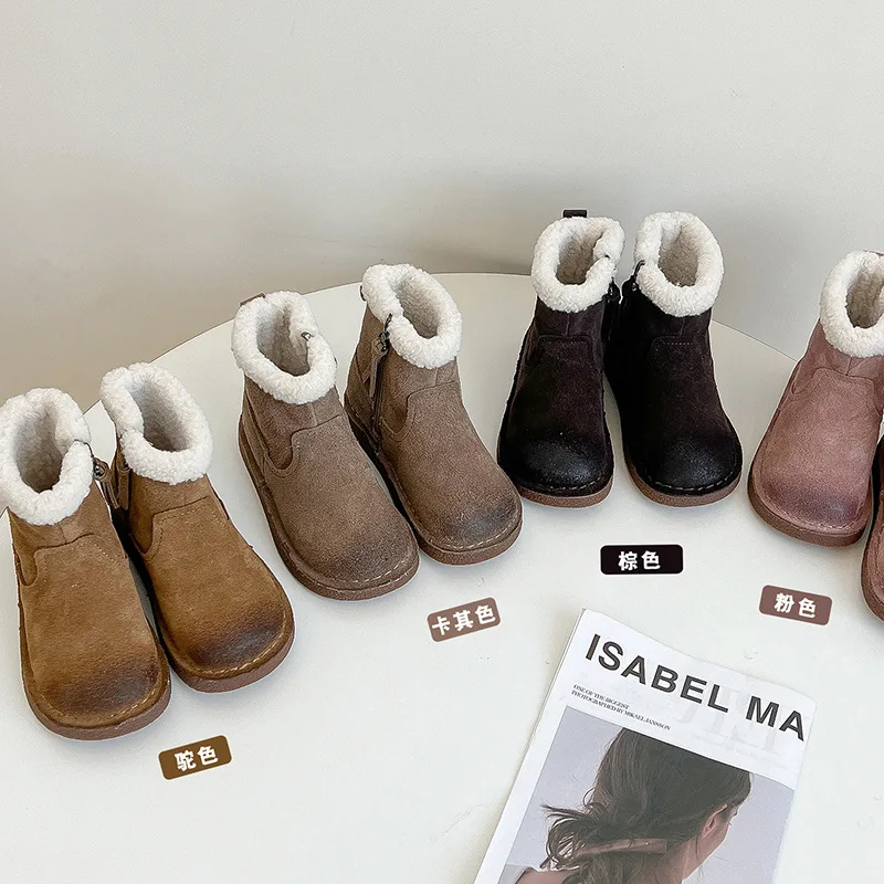 Children Shoes for Girls Winter Korean Style Retro Boots for Kids Lamb Wool Fleece Warm New Fashionable Warm Casual Kids Boots