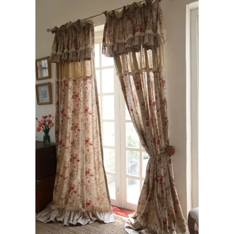 

French Country American Linen Cotton Ruffle Lace Curtains for Bedroom Custom Made Window Drapes Chenille