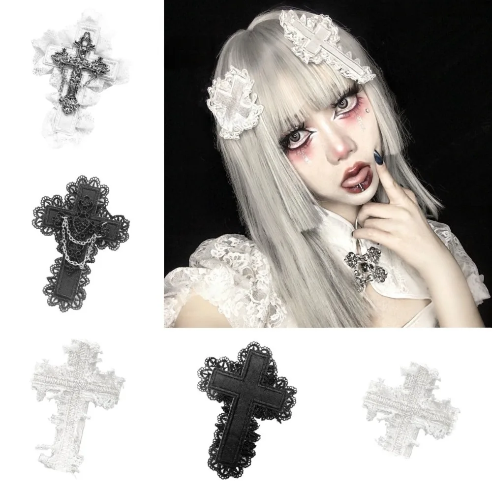 

Niche Y2K Distressed Look Cross Hair Clip Lolita Subculture Lace Crosses Hair Clip Chains Heart Punk Gothic Hairpin Streetwear