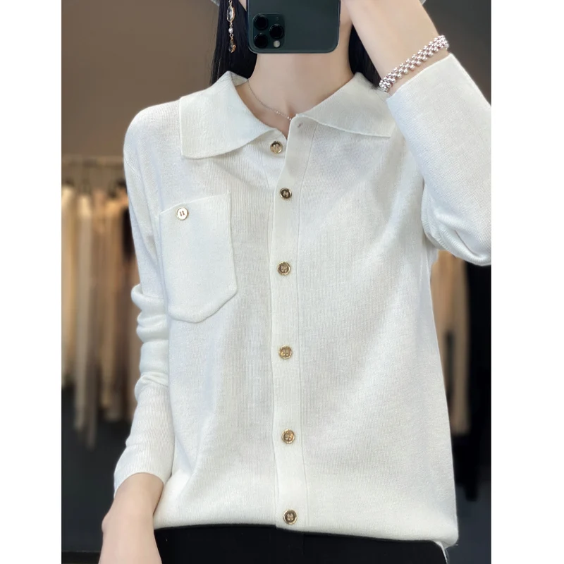 New Autumn And Winter POLO Collar Cardigan Women\'s Pure Wool Knitted Pocket Top Flat Versatile Office Long Sleeved Shirt NJR309