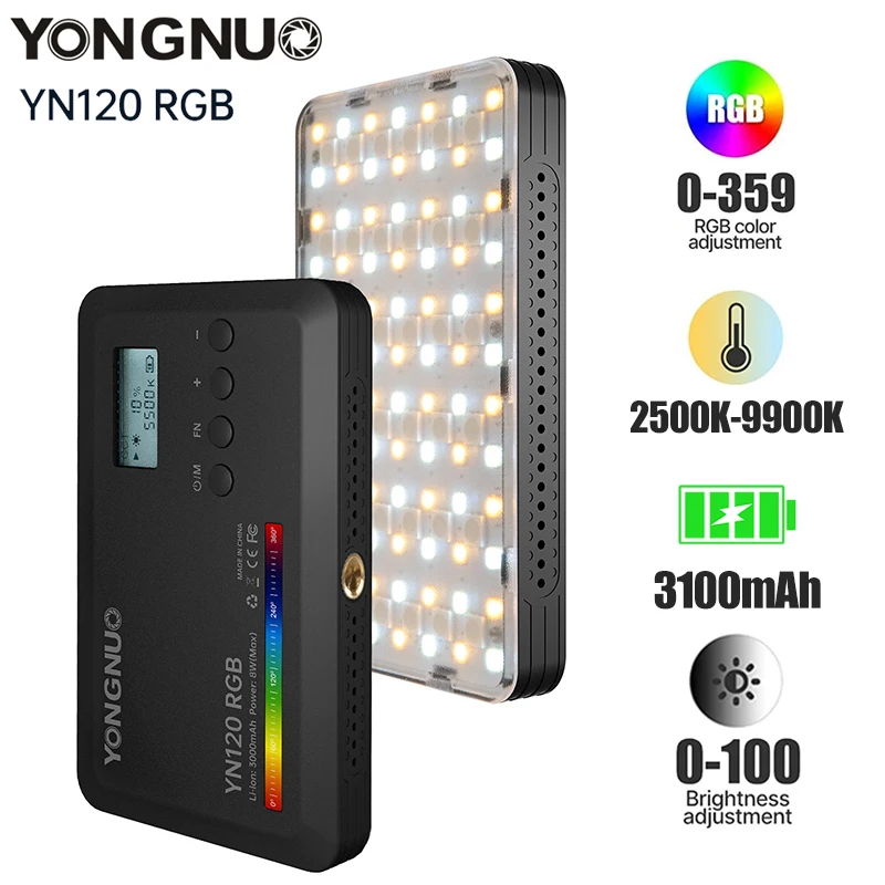 

YONGNUO YN120 RGB LED Video Light 2500K-9900K Photography Light 3000mAh Studio Photo Lamp Portable Pocket Light for Tiktok New