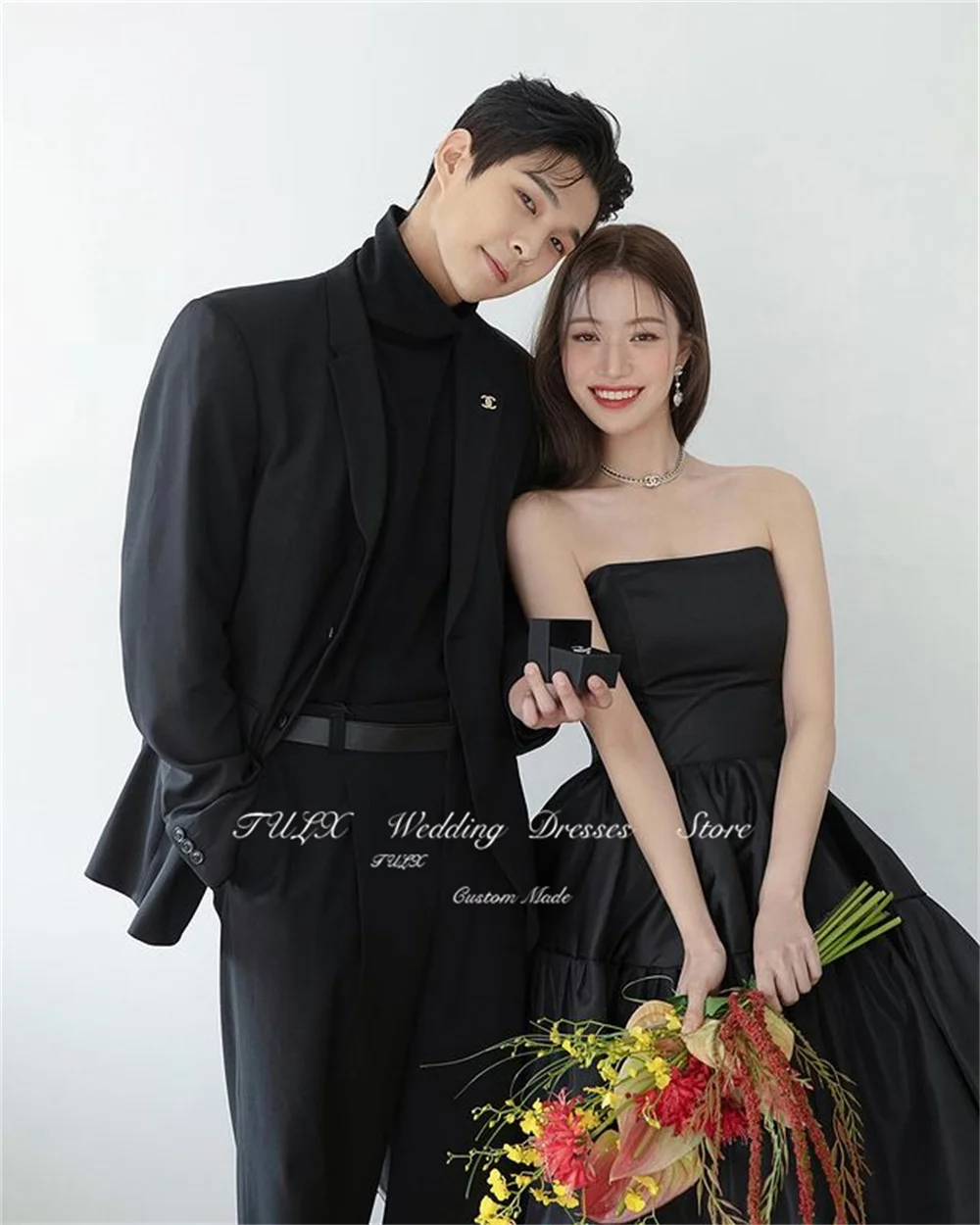 TULX Simple Strapless Black Evening Dress Korea A line Wedding Photo Shoot Long Tiered Floor Length Formal Party Custom Made