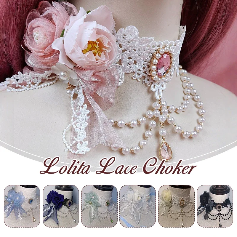 

Кружевное ожерелье-чокер в стиле Лолита, ручной работы, с жемчугом, цветами, бантом и лентой, готическая цепочка на ключицу, милые украшения в стиле Y2K, аксессуары для девочек, подарок
