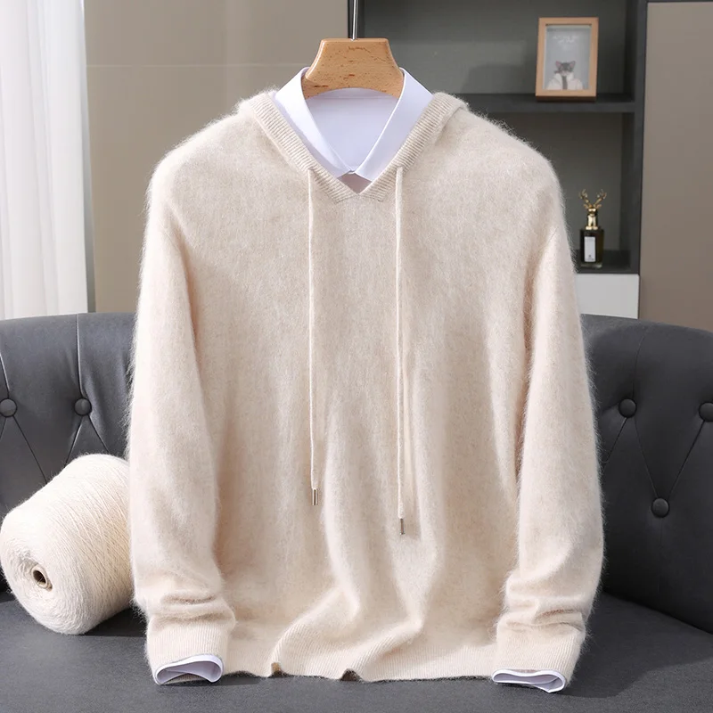 2025 Autumn Winter Hooded Collar Mink Cashmere Knitted Sweater Men's Drawstring Pullover High-End Thick Casual Sweater Loose Fit