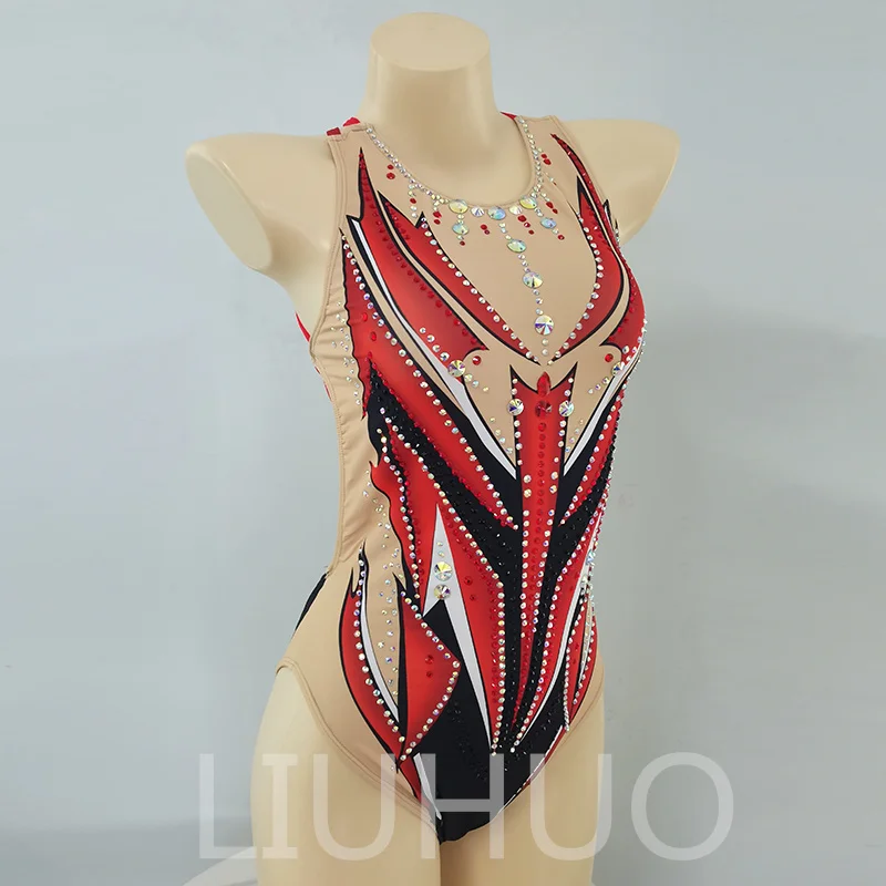 LIUHUO Leotards Girls Synchronized Swimming Suits Handmade Team Sports Competition Teamwear Red