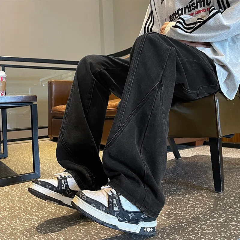 

Black Spliced ​​jeans Men's Fashion Washing Wide Y2k Pants Couple Streetwear Personalized Straight Slim Denim Trousers Male