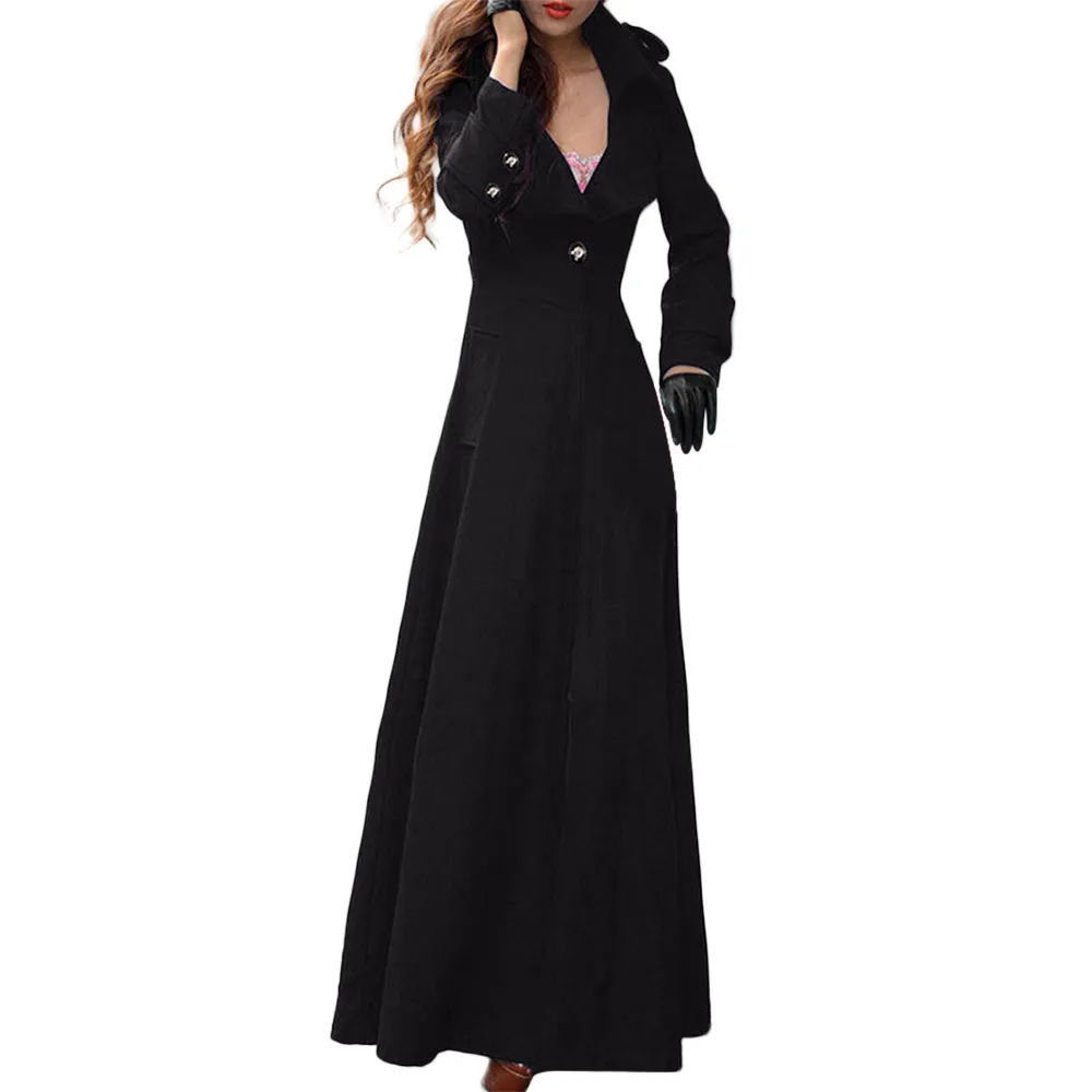 Casaco feminino slim-fit imitação de lã casaco extra-longo fino até o chão trench elegante casual trench casaco feminino