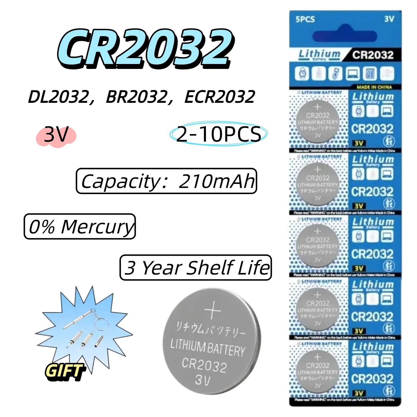 

2-10 шт. CR2032 3V 200 мАч, литиевая батарейка высокой емкости DL2032 ECR2032, тип «таблетка», для часов, пультов ДУ, автомобильных ключей