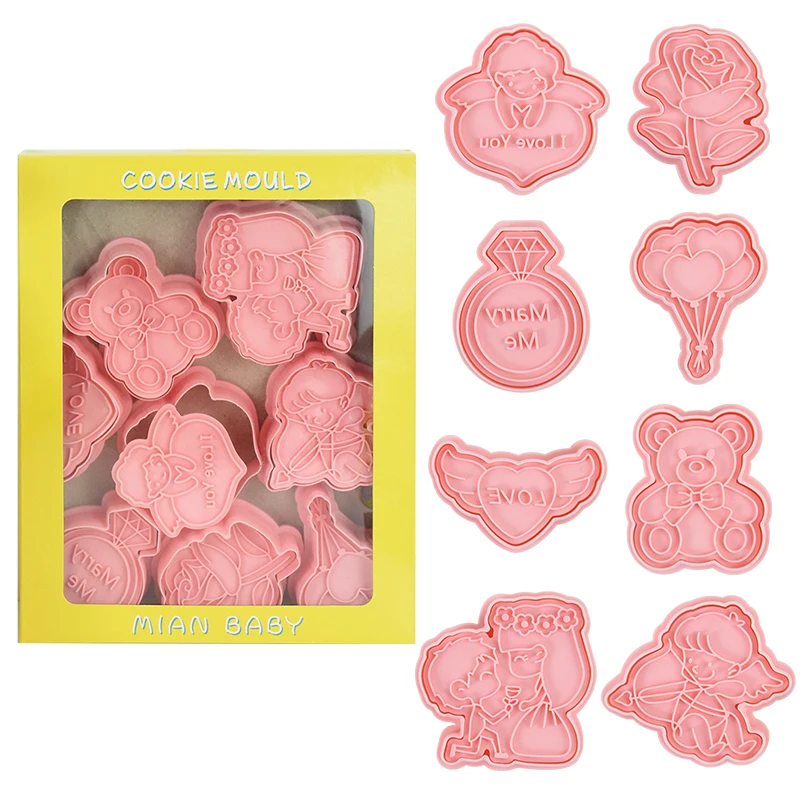 

8Pcs/Set Plastic 3D Flower Bear Cartoon Pressable Biscuit Mold Cookie Stamp Wedding Valentine's Day Kitchen Baking Pastry Tools