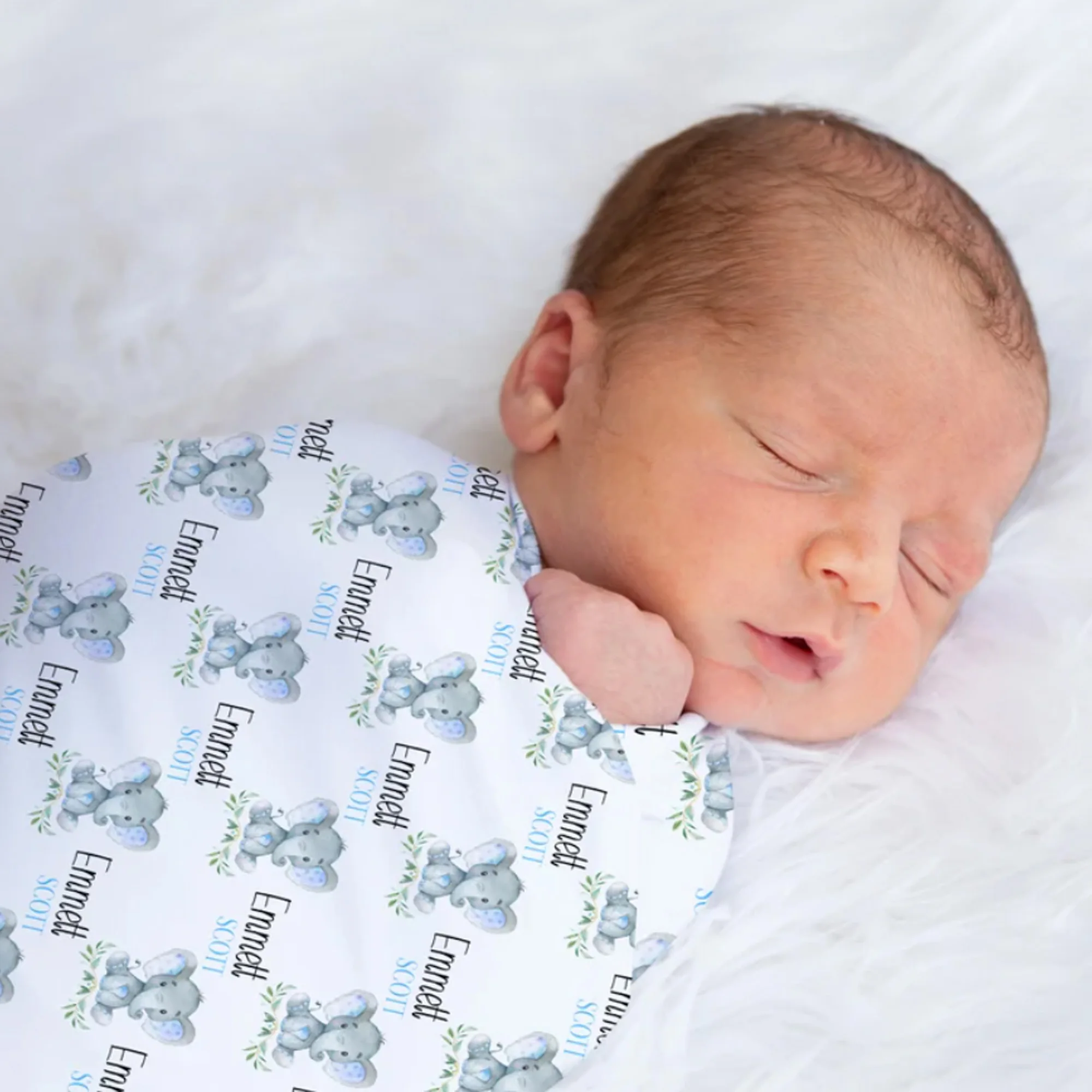 مجموعة غطاء وسادة الطفل على شكل فيل باسم شخصي من UOOPOO، مجموعة بطانية قماط الفيل، قبعة الطفل، قماط القوس والطفل