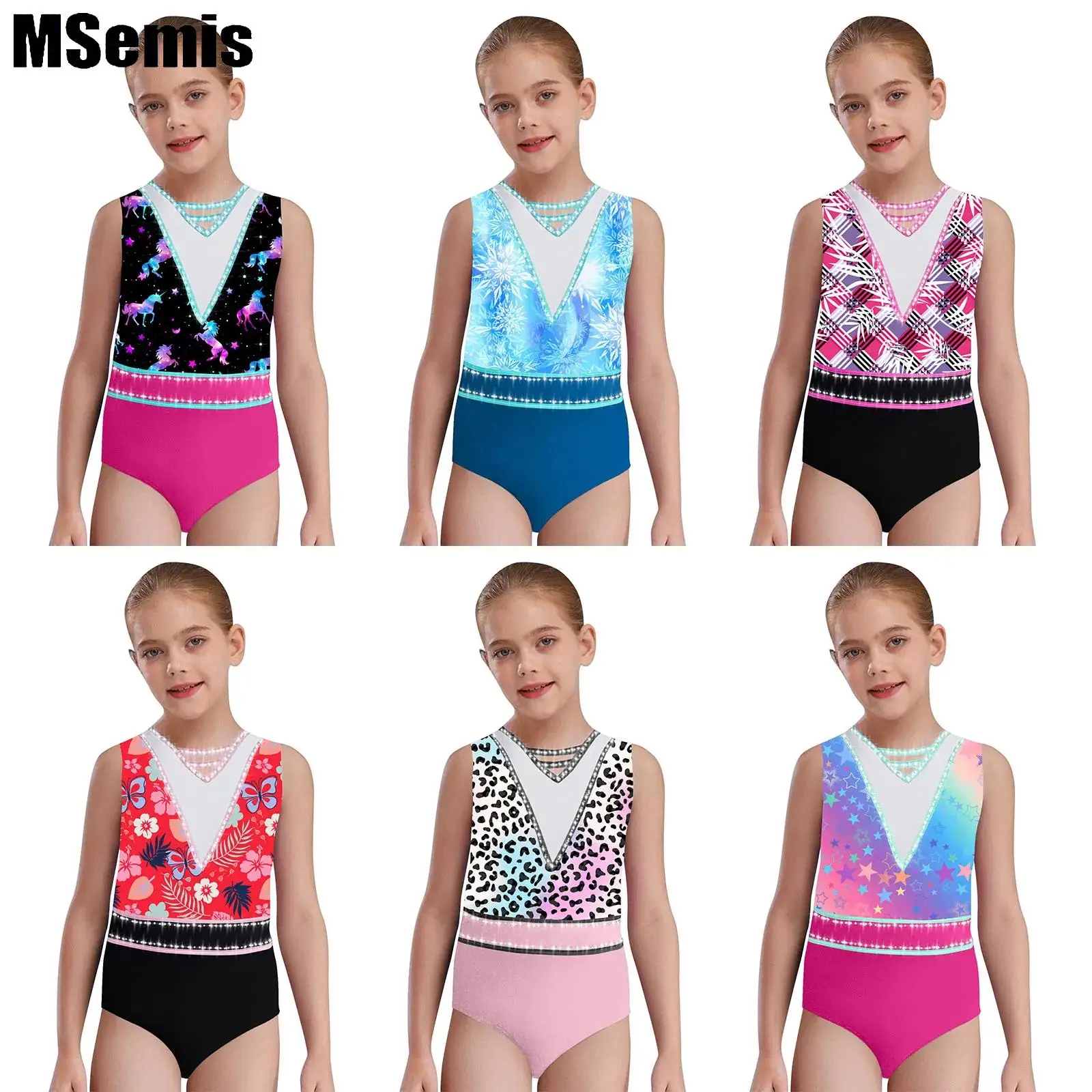 

Детский гимнастический купальник с принтом для девочек, стильный комбинезон с v-образным вырезом и U-образной спинкой, без рукавов и стразами, боди для балета и танцев, танцевальная одежда