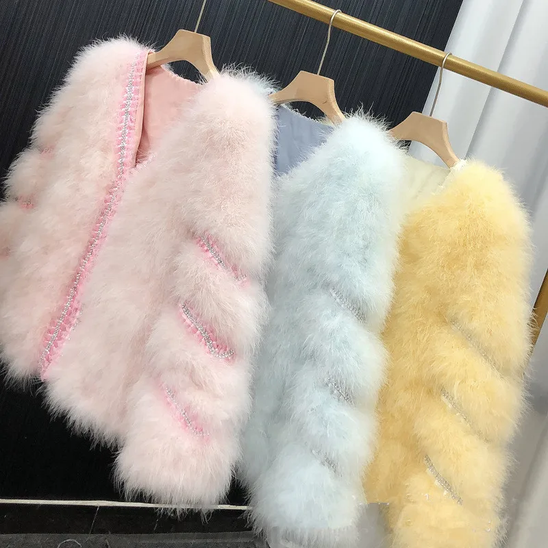 

Autumn Winter New Fur Coats for Women Ostrich Feathers Turkey Feathers Full Sleeves V Neck Thickened Coat Female Outwear Y4588