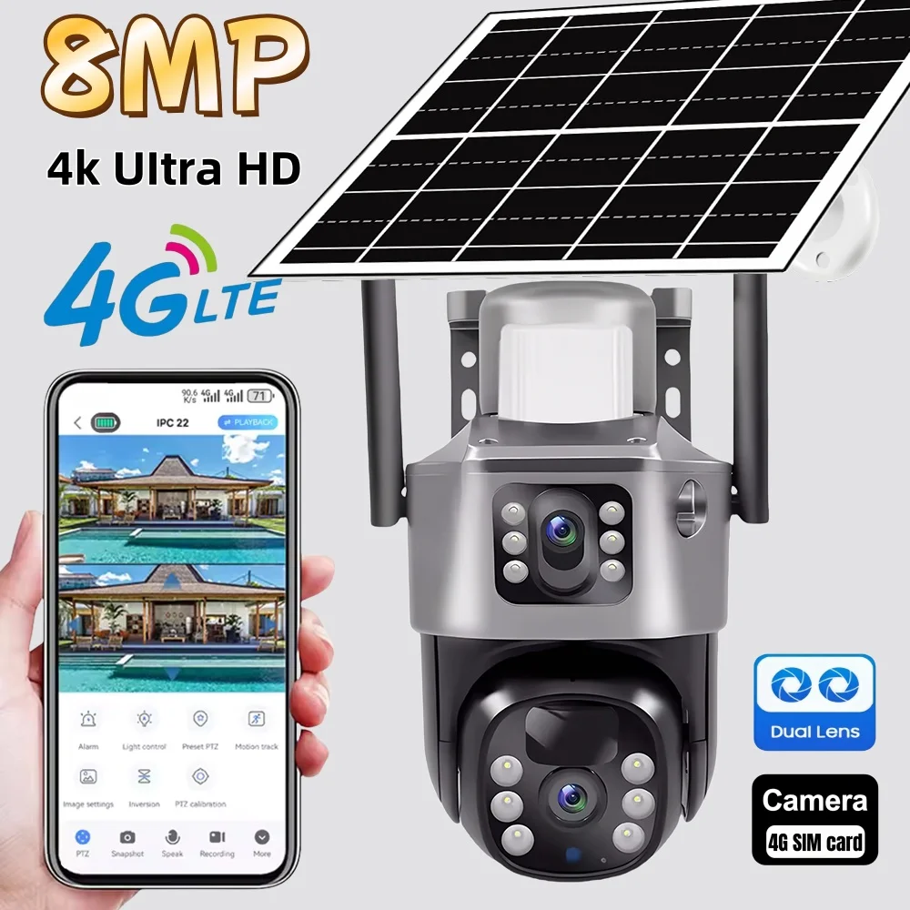 في الهواء الطلق 4K 8MP كاميرا تعمل بالطاقة الشمسية اللاسلكية 4G بطاقة SIM عدسة مزدوجة PIR HD للرؤية الليلية كاميرا V380Pro PTZ الأمن CCTV شاشة ذكية #1