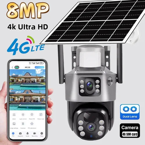 Cámara Solar inalámbrica 4K 8MP para exteriores, tarjeta SIM 4G, lente Dual PIR HD, cámara de visión nocturna V380Pro PTZ, Monitor inteligente CCTV de seguridad
