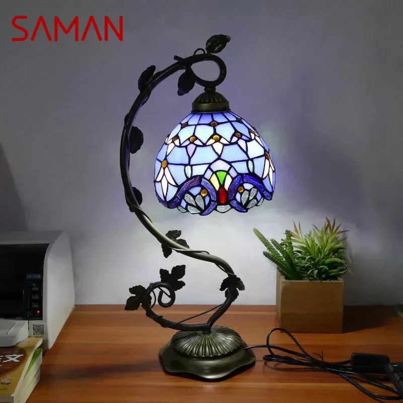 

SAMAN Tiffany Table Lamp American Retro Living Room Bedroom Lamp Luxurious Villa Hotel Stained Glass Desk Lamp