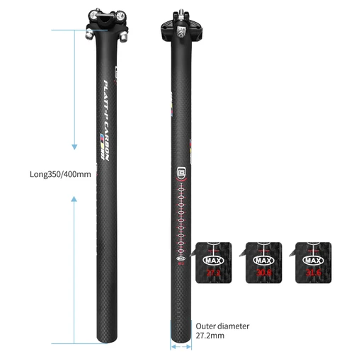 Imagen 2 del producto Tija de sillín de bicicleta de carbono, 27,2/30,8/31,6mm, negro mate, tija de sillín para bicicleta de montaña/carretera, longitud de 280mm, tubo de sillín, piezas de bicicleta