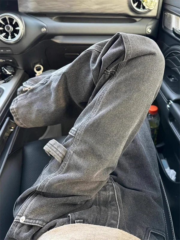

Black Zipper Bell Bottom Jeans Men's American Retro Patchwork Design CleanFit Straight Leg Jeans Youth Trendy Wear Resistant