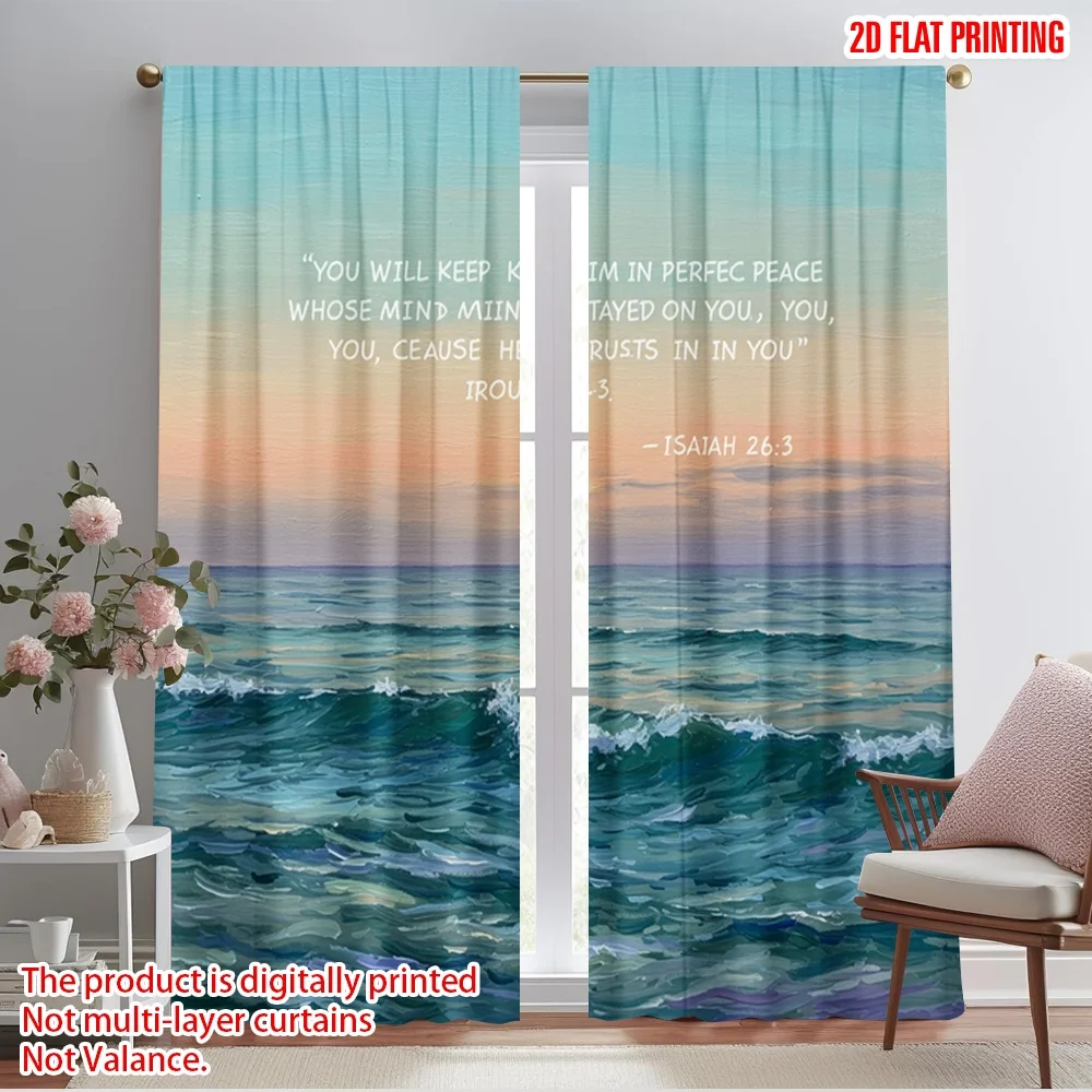 

2pcs 2D flat printing Party Window Curtains Peaceful Ocean Sunset Scripture Polyester Without Electricity Family Party Perfect