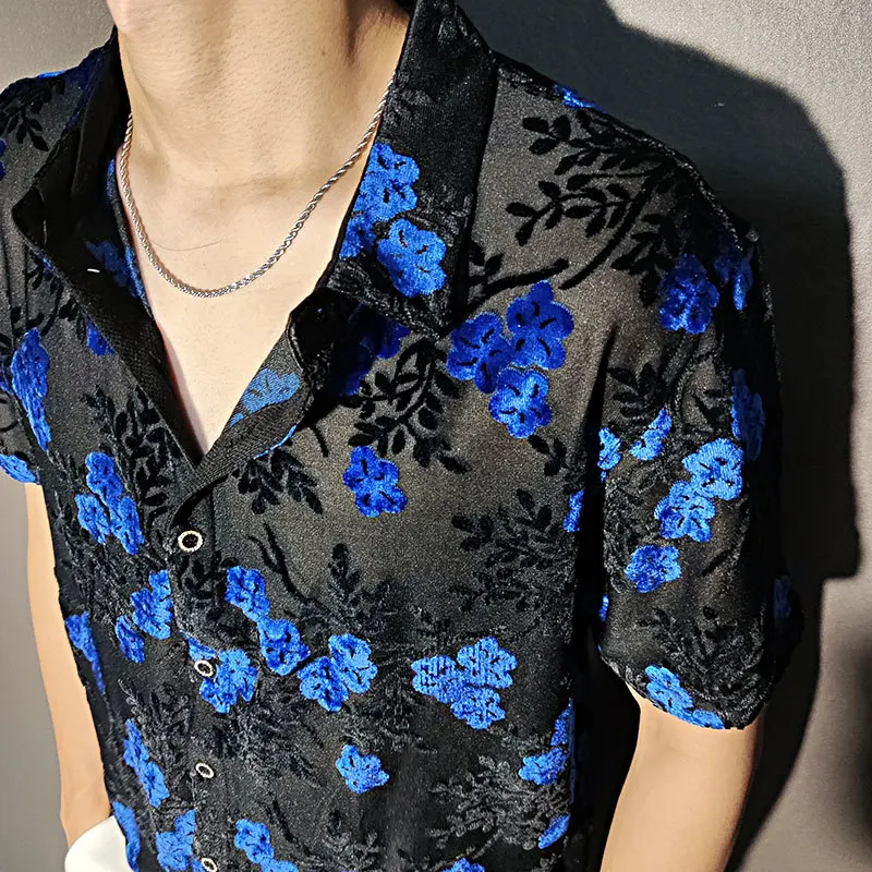 Chemise Homme Sexy See Through Mesh Shirt Men Small Blue Floral Transparent Shirt Men Velvet Club Party Long Sleeve Shirts Men