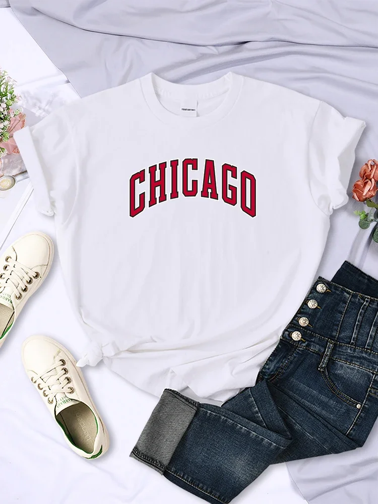 O-Neck T-Shirts Chicago American City Women Tees Clothing Breathable Creativity All-math Short Sleeve Vintage Street Womans Tops