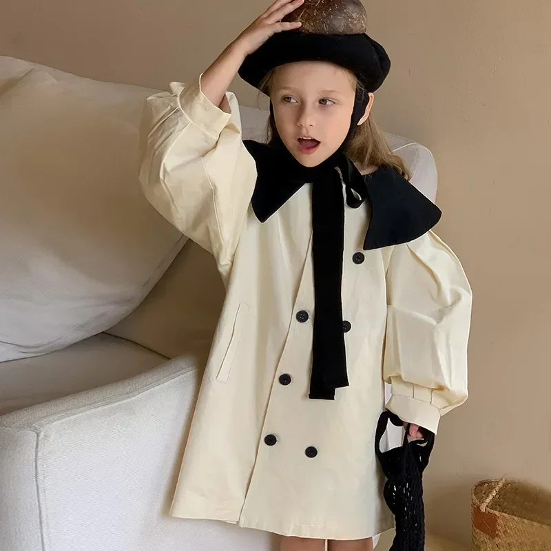 

Girls Long Windbreaker 2025 New Autumn Baby Girl Big Collar Outwear Korean Children's Clothing Long Sleeves Kids Fashion Coat