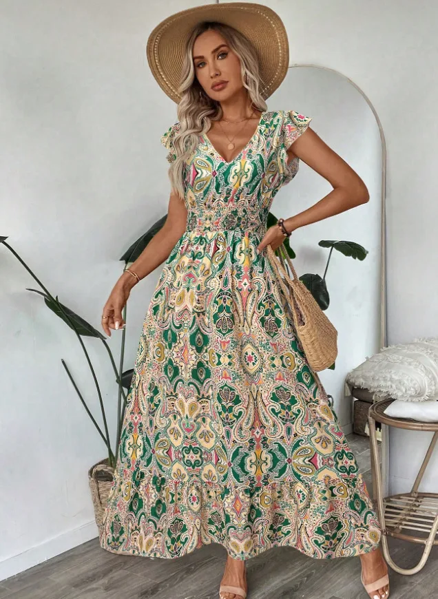 Women's Floral Print Summer Dress 2025 New Boho A-Line Swing Dress With Sleeveless High Waist Flowy Maxi Dress For Beach Vestido