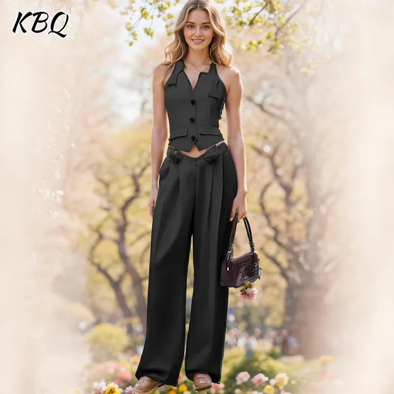 

KBQ Solid Two Piece Set For Women Halter Sleeveless Vest High Waist Spliced Appliques Wide Leg Pant Summer Sets Female Fashion