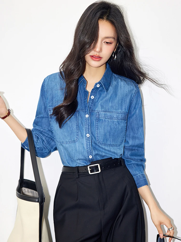 2024 Autumn Denim Shirt Women Fashion Harajuku Retro Shirt Korean Commuter Ladies Lapel Collar Long Sleeve Blouses