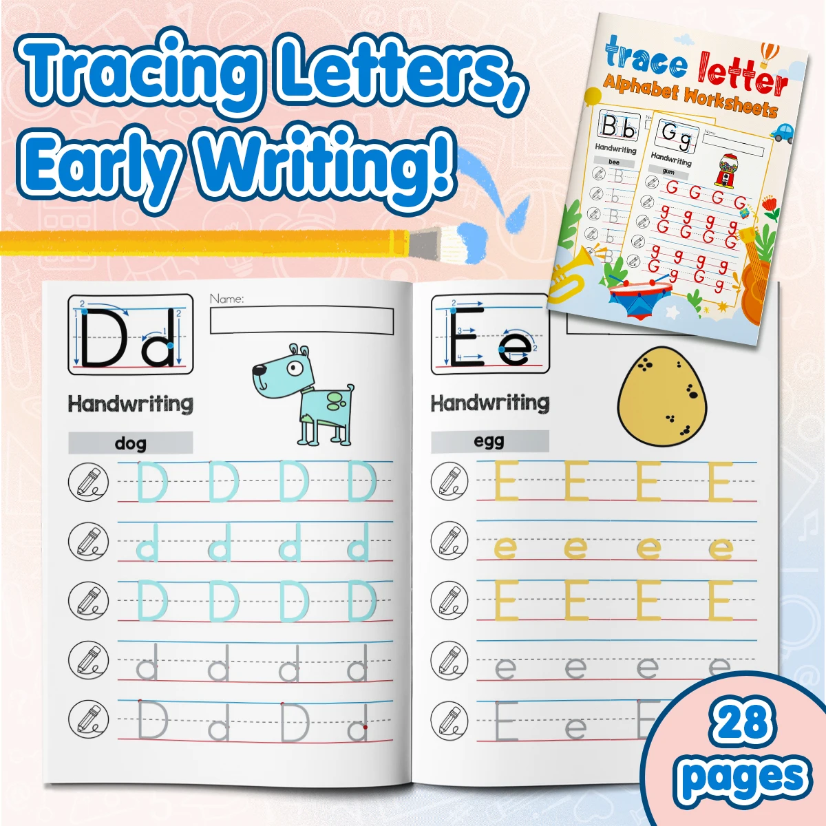 Children's alphabet coloring book, cute cartoon patterns, preschool early education workbook, boost your baby's hands-on skills