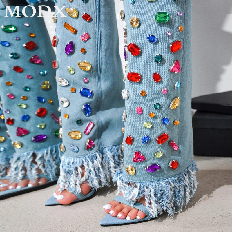 Luxury Mixed Color Gemstones Sandals Boots Fashion Open Toe Thin High Heel Denim Pants Boots Belt Buckle Desing Stiletto Shoes