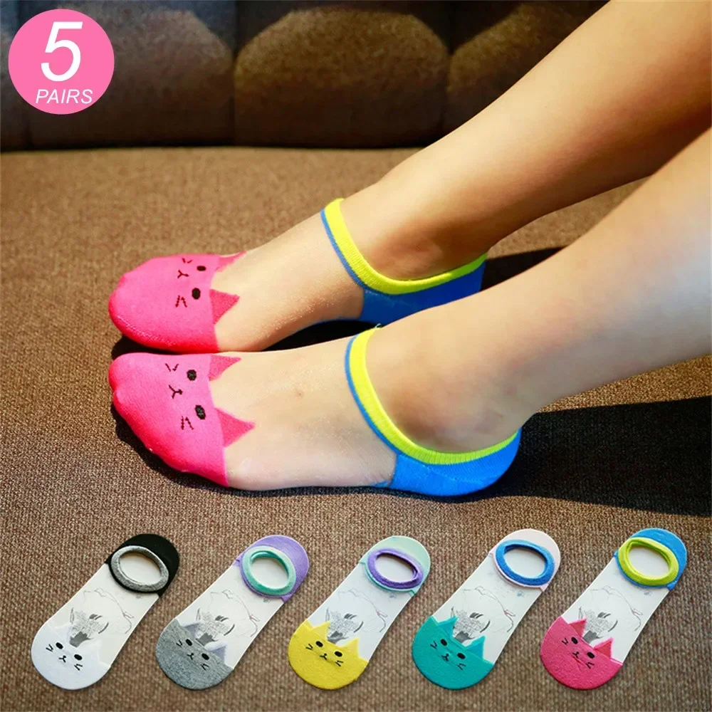 

5 Pairs Summer Women Crystal Silk Transparent Boat Socks Breathable Cute Cat Cartoon Cotton Sole Short Socks Casual