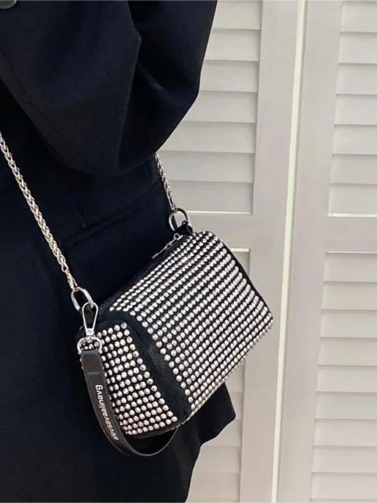 Retro Diamond Black Mini Square Bag For Women Summer Versatile Chain One Shoulder Crossbody Bags Ladies Trendy Shopping Wallet