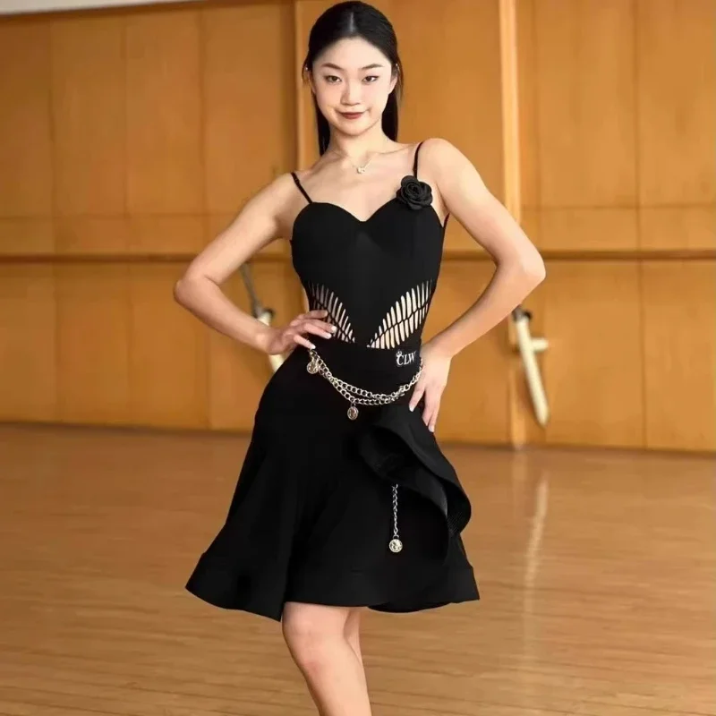 

Women Latin Dance Costume Rose Halter Top Backless Brown Black Swing Dress Female Rumba Cha Cha Stage Performance Clothing Set