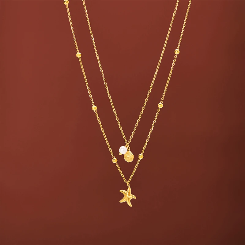 316L الفولاذ المقاوم للصدأ الاتجاه الجديد 18K مجوهرات مطلية بالذهب 2-Layer الإسكالوب نجم البحر اللؤلؤ الديكور المرأة سلسلة سحرية المختنق قلادة #6