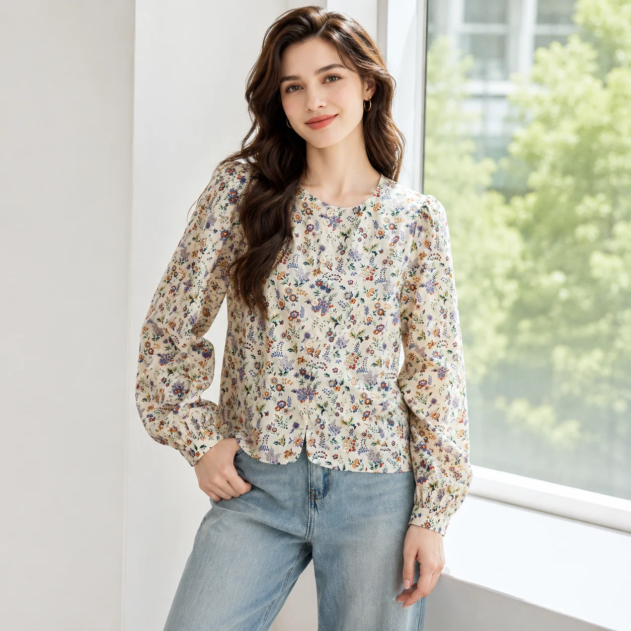 EOENKKY Women Floral Print Long Sleeve Blouse Round Neck Button Front Loose Fit Casual Office Spring Top