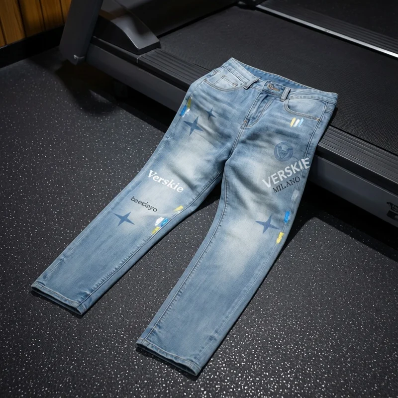 Street Style Graffiti Printed Slim Fit Men's Jeans Fashionable Trendy Long Pants Spring Summer New Arrival Cotton Polyester B...