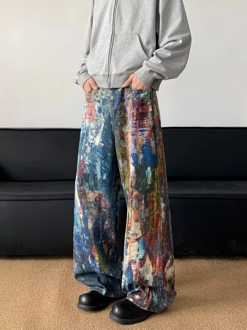 

American fiti Oil Painting Men's Jeans Design Sense Small Batch Paint Straight Leg Casual Trousers Trendy Sports Long Tro...