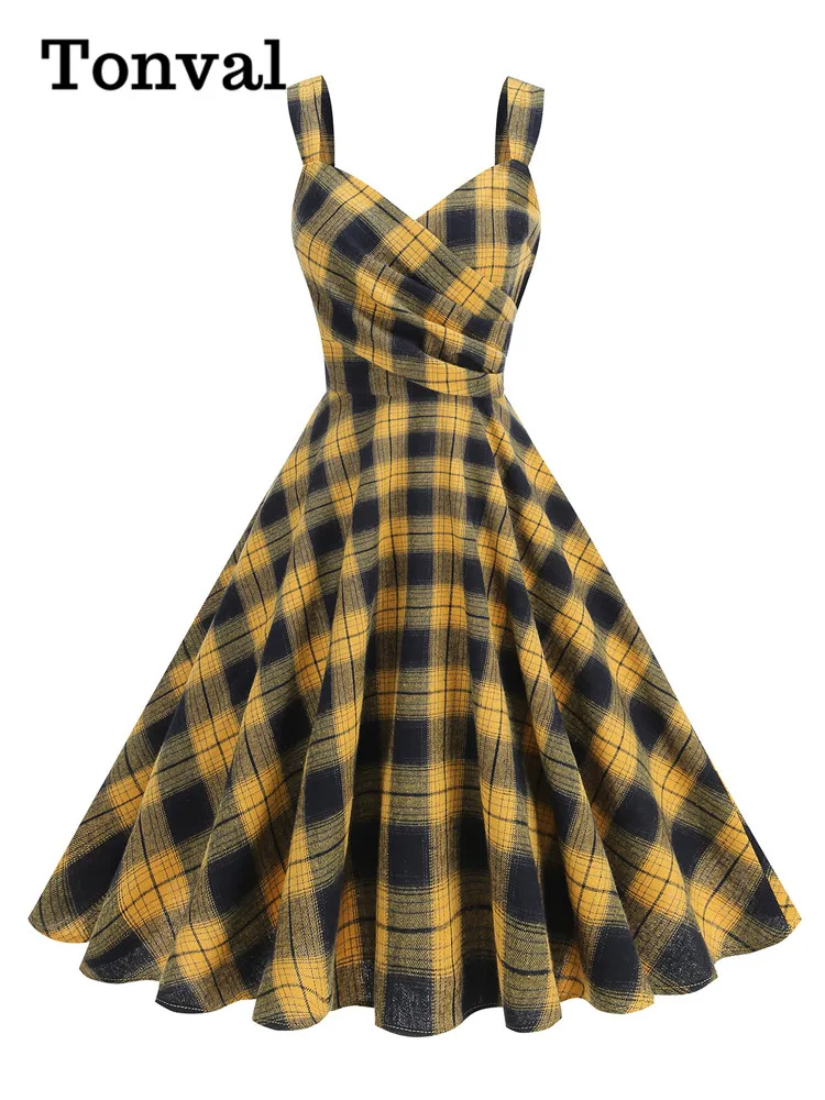 Tonval mouwloze V-hals geruite wikkeljurken voor dames jaren 1950 vintage damesfeest elegante rockabilly swingjurk