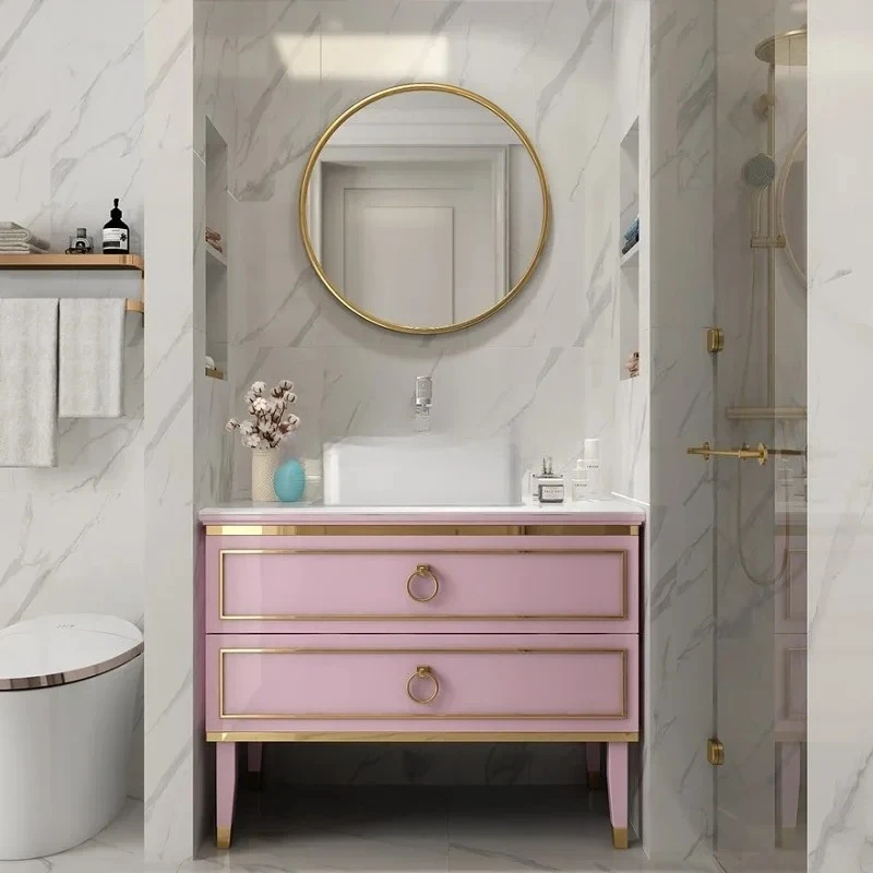 

Oak Bathroom Cabinet Combination Floor Washbasin Nordic Table Basin Smart Mirror Cabinet Marble Pink