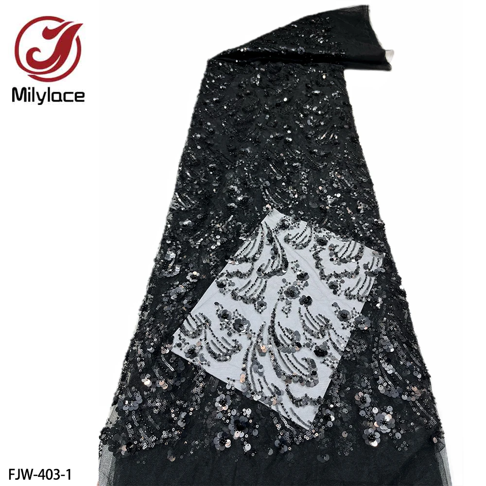 

High Quality African Sequins Lace Fabric Luxury Bead Embroidered Tulle Fabric for Sewing Dresses FJW-403