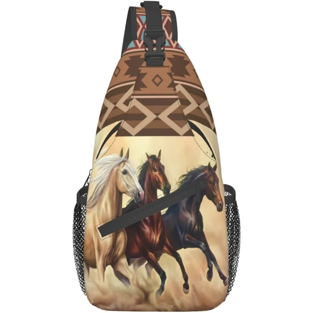 Zaino a tracolla a tracolla Aztec Boho etnico Western Horse Chest Bag tre cavalli corrono nella borsa a tracolla regolabile Desert Sandstorm