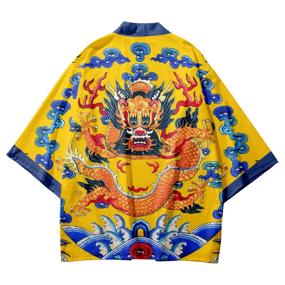 Zomer Vrouwen Mannen Cartoon Chinese Draak Gedrukt Losse Japanse Kimono Streetwear Strand Vest Gewaad Haori Top Yukata