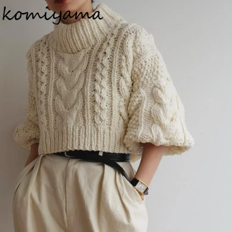 

Komiyama Chic Twist Knitted Pullover Tops Spring Warm Fashion Sweaters Turtleneck Long Sleeve Stick Needle Women Clothing