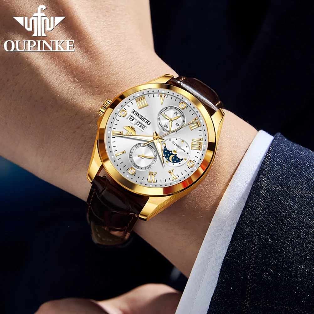 ساعات OUPINKE للرجال كاجوال بحزام جلدي أنيق من أفضل العلامات التجارية الأصلية ساعة يد ميكانيكية أوتوماتيكية مقاومة للماء وتاريخ مرحلة القمر #4