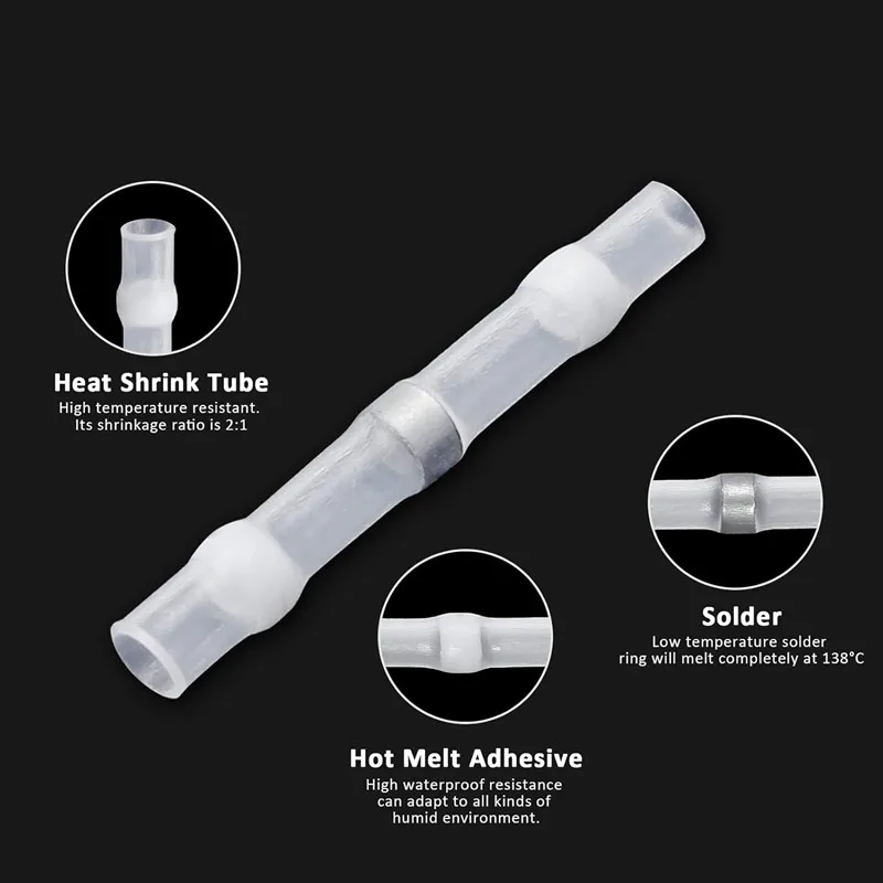 10-1000pcs Solder Seal Wire Connectors 3:1 Heat Shrink Wire Butt 26-24AWG Insulated Electrical Terminals Splice Waterproof