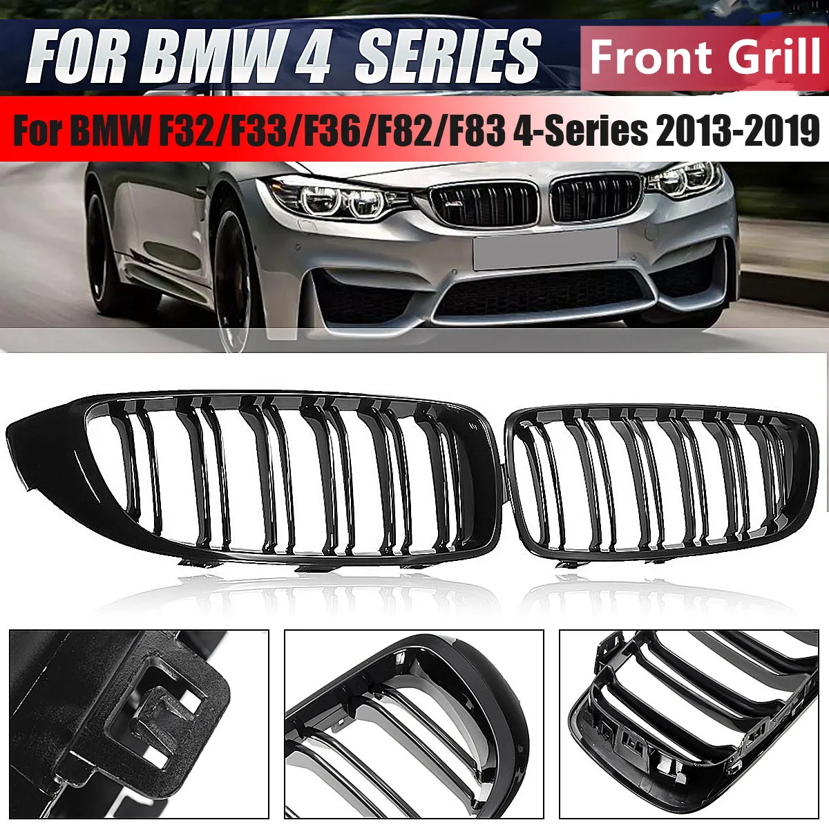 Glossy Black Front Kidney Grille 2 Slat M4 Style Grill For BMW F32 F33 F36 F80 F82 2013-2020 Cabriolet Coupe 425i 430i 440i 435