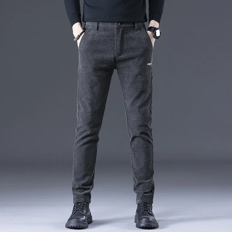 

Autumn Winter Man Pants High Quality Cotton Men's Slim Embroidery Straight Pants Male Business Casual Thick Warm Trousers