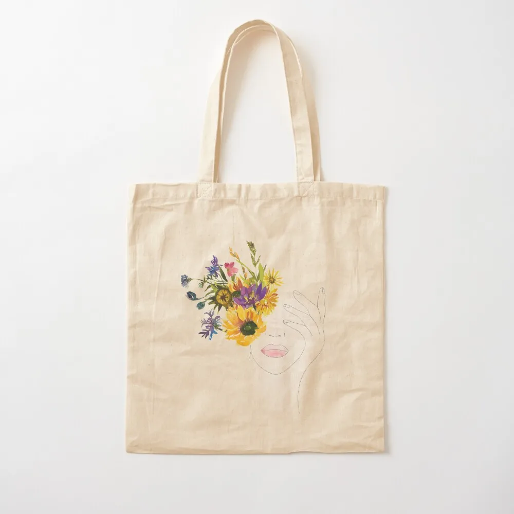 

Minimal Line Art Drawing Woman With Watercolor Summer Wreath Tote Bag Cloth bag Woman shopper bag Canvas Tote